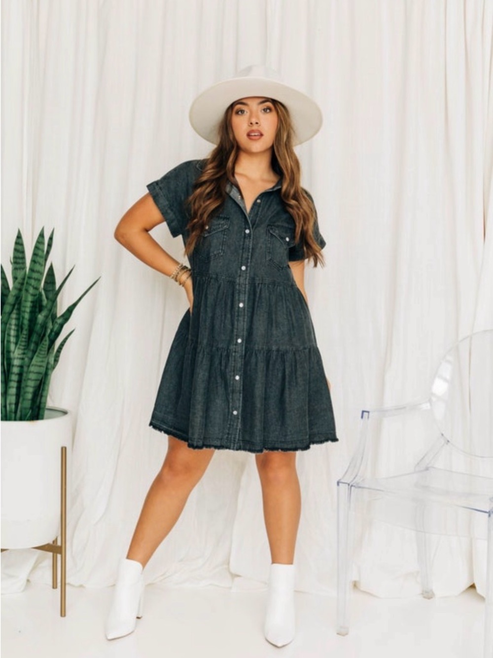 Entro Black Denim Pearl Snap Button Down Tiered Dress Size Medium
